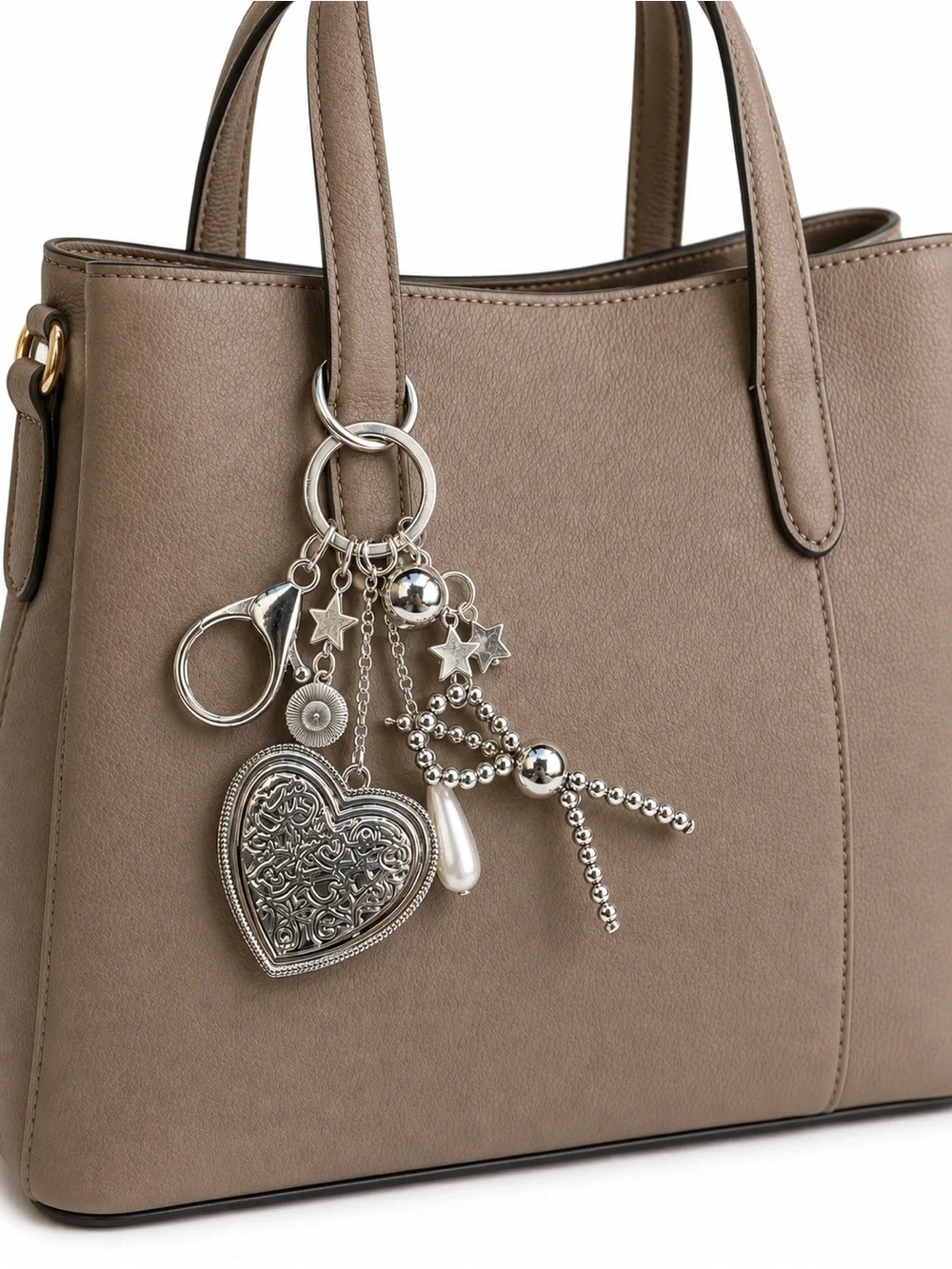 Silver Heart Bag Charm Purse Keychain Star Pearl Beaded New